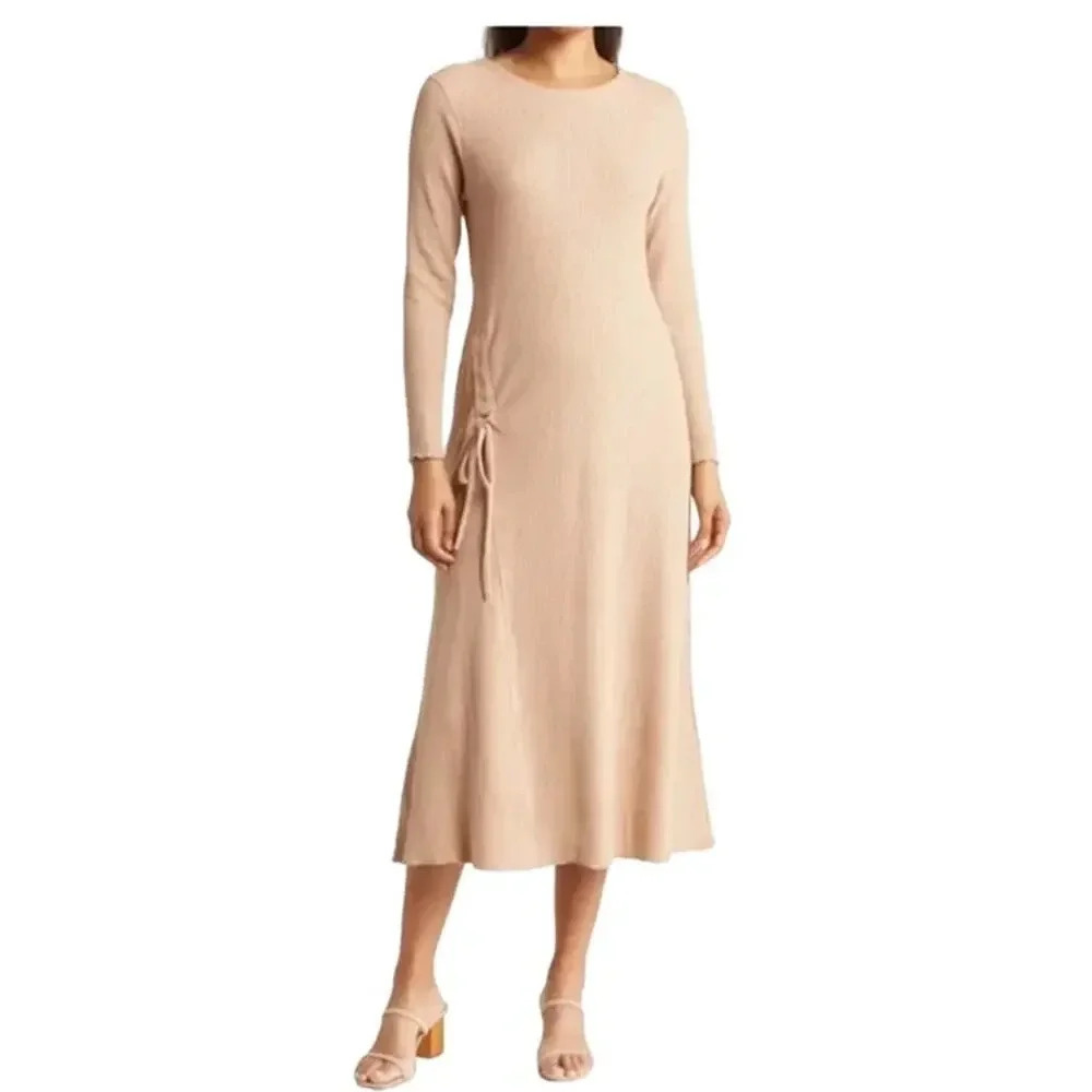 New Stitchdrop Shirred Waffle Knit Sweater Dress Neutral Beige Women’s S